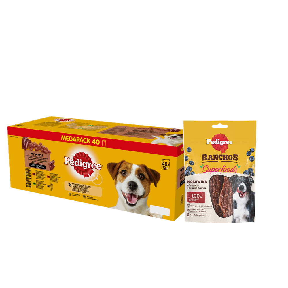 PEDIGREE Adult saszetka 40x100 g - Mix Smaków w Galaretce - mokra karma pełnoporcjowa w galaretce dla dorosłych psów + PEDIGREE® Ranchos™ Superfoods z wołowiną, jagodami i pełnym ziarnem 70g GRATIS
