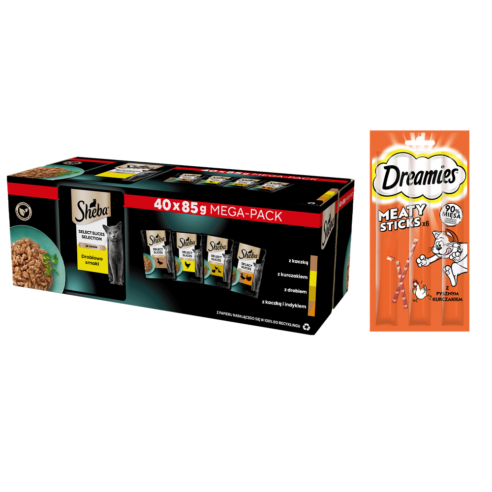 Sheba Nature's Collection Drobiowe Smaki w galaretce - mokra karma dla kota 40x85g + DREAMIES 30g GRATIS