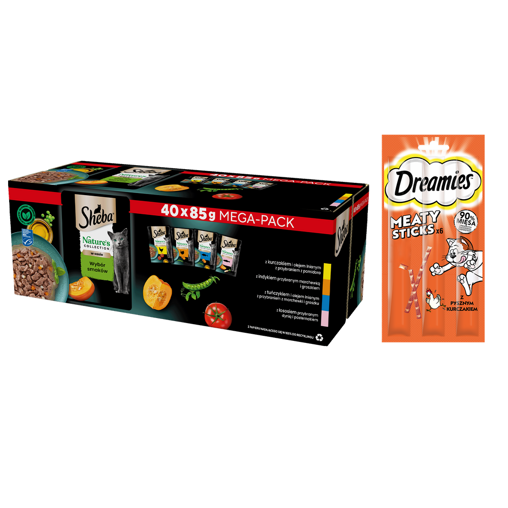 SHEBA Nature’s Collection Wybór Smaków 40x85 g – mokra karma pełnoporcjowa dla dorosłych kotów, w sosie + DREAMIES 30g GRATIS