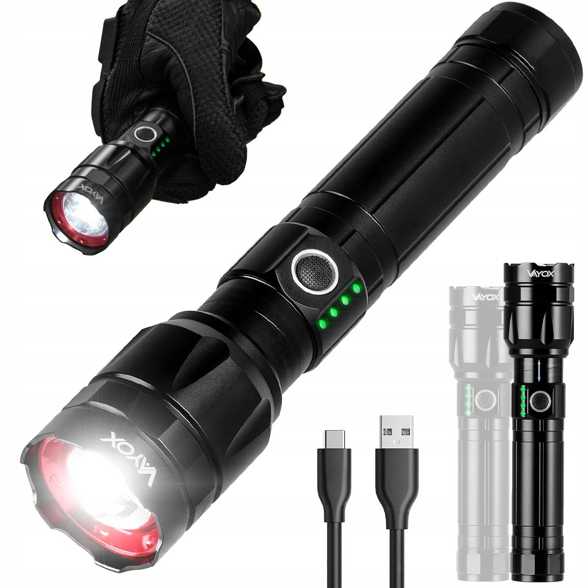 LATARKA LED TAKTYCZNA AKUMULATOROWA WOJSKOWA USB-C ZOOM 1060lm PRO VAYOX