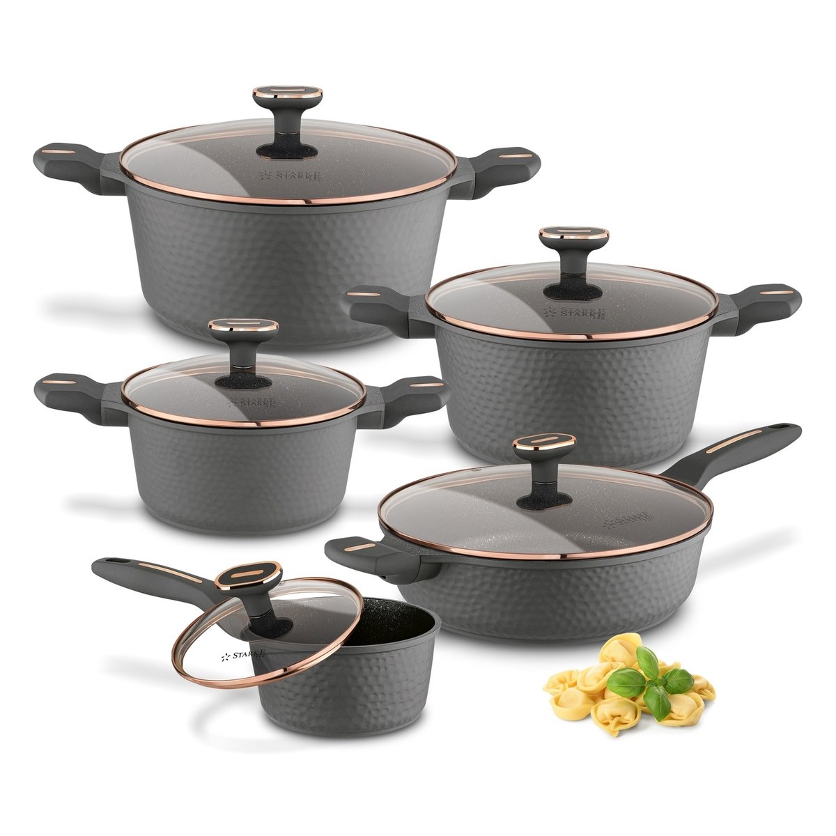 ZESTAW GARNKI indukcja PATELNIA 28cm NON STICK komplet 10el Texture Grey Starke Pro