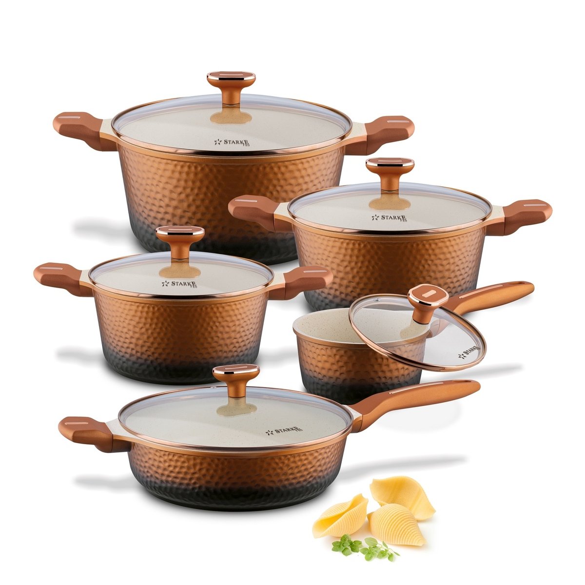 ZESTAW GARNKÓW INDUKCJA PATELNIA głęboka RONDEL pokrywki Texture Copper Starke Pro