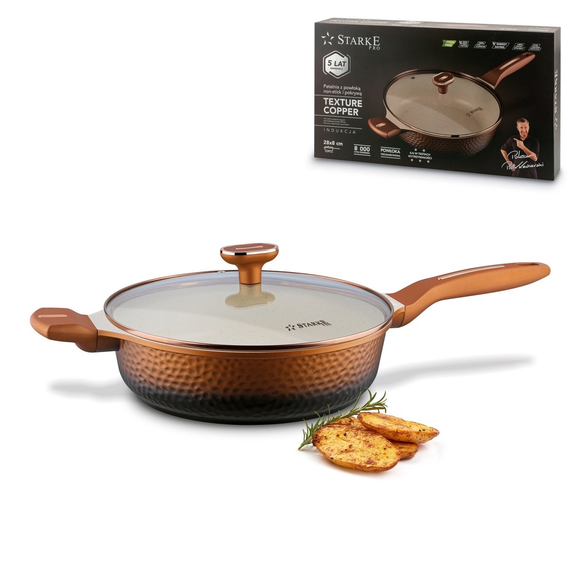 GŁĘBOKA PATELNIA INDUKCJA 28cm patelnia z dwoma uchwytami Texture Copper Starke Pro