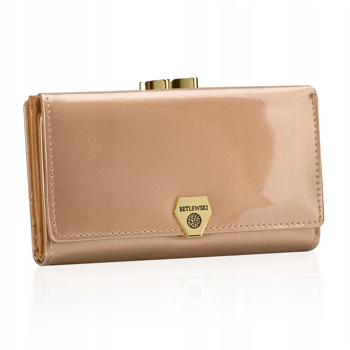 Betlewski Portfel damski modny skórzany lakierowany karty gładki miękki