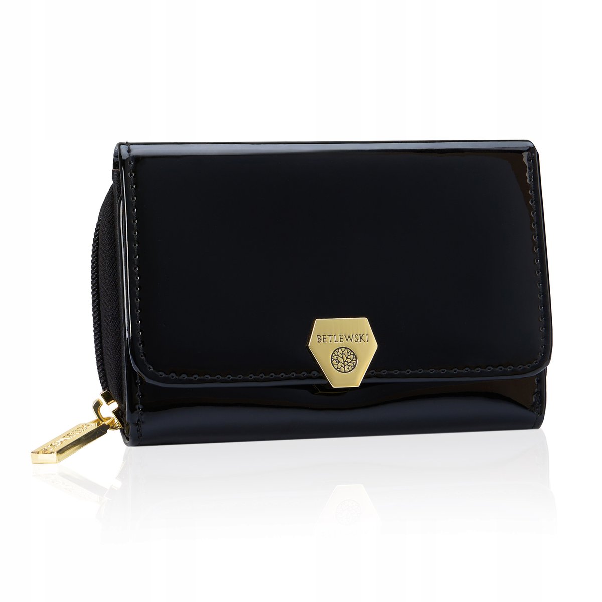 Betlewski Portfel damski kobiecy skórzany mały błyszczący gładki na prezent
