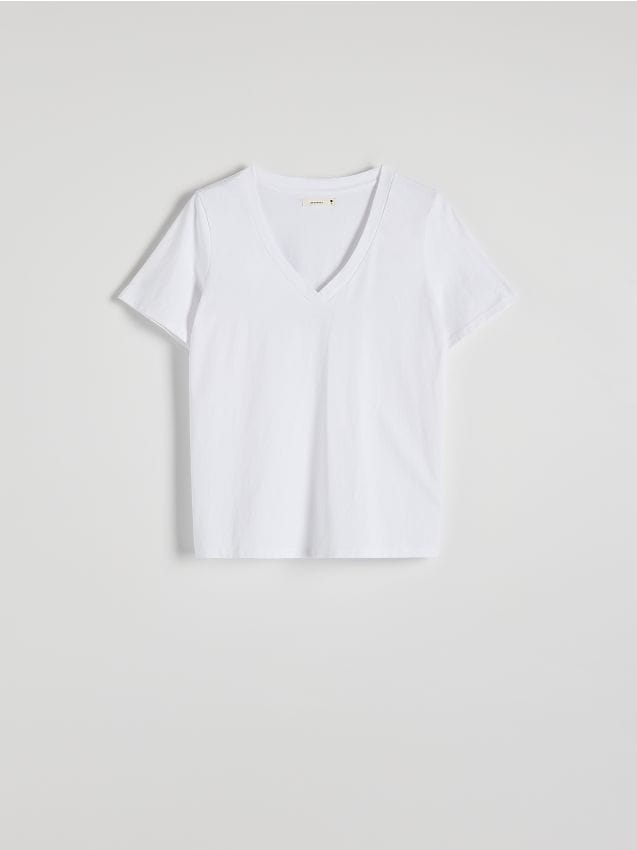 Reserved - T-shirt regular z dekoltem V - biały