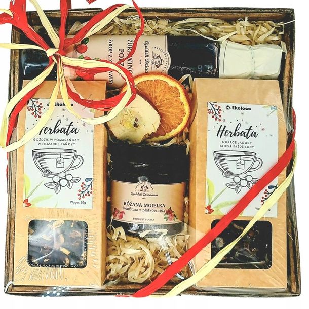KOSZ PREZENTOWY Box MIÓD SYROP Herbata PREZENT NA Święta dla mamy babci