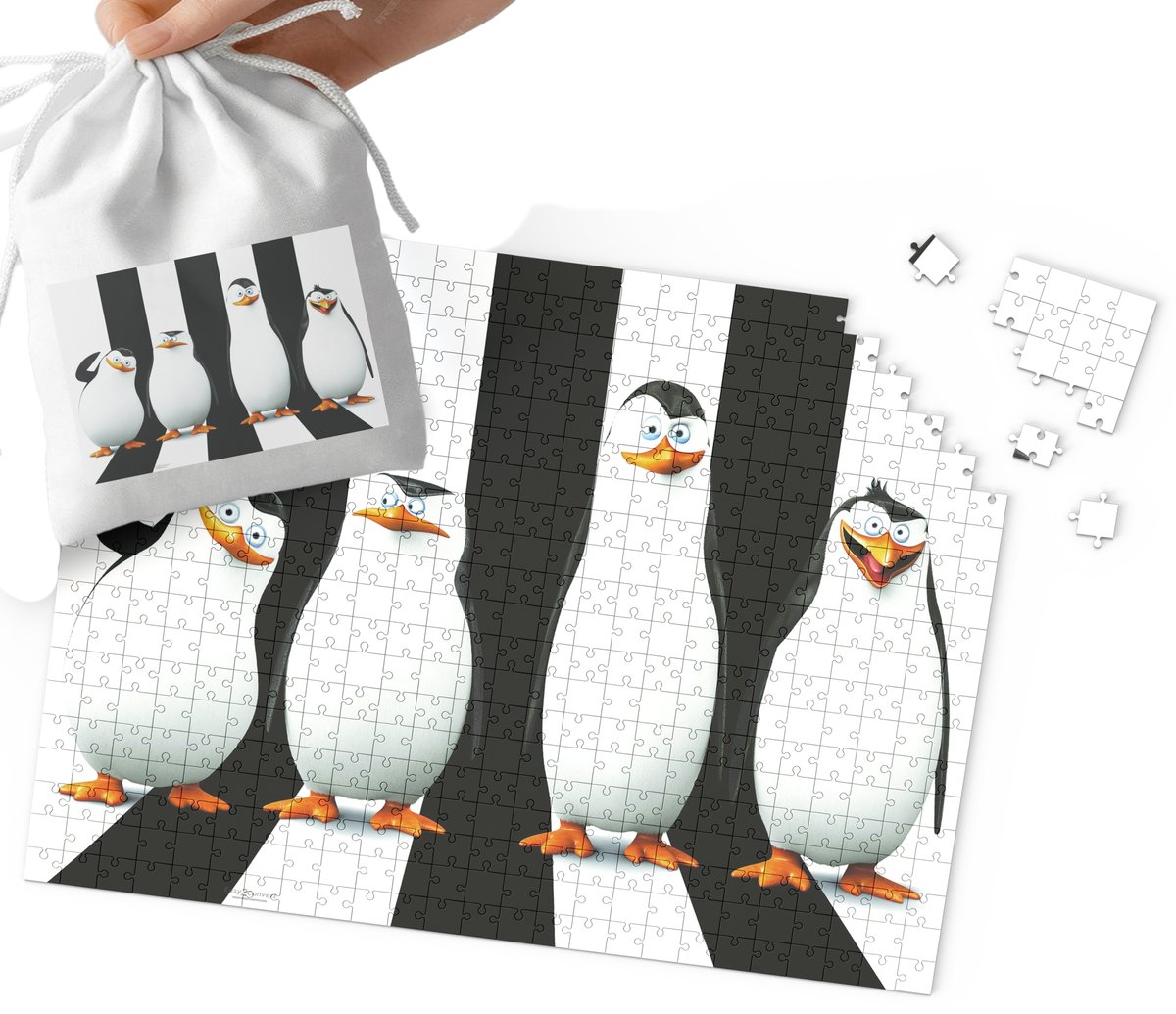 PUZZLE - Pingwiny z Madagaskaru WZORY Z BAJEK PREZENT 192el + WORECZEK