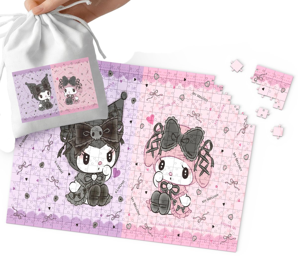 PUZZLE - Kuromi Hel.lo Kit.ty WZORY Z BAJEK PREZENT 110EL + WORECZEK