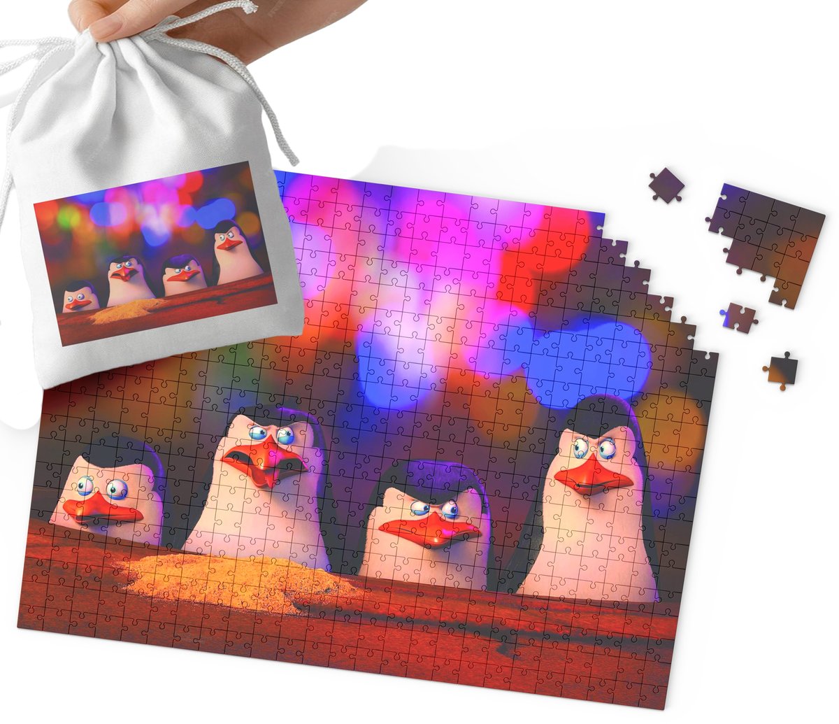 PUZZLE - Pingwiny z Madagaskaru WZORY Z BAJEK PREZENT 120el + WORECZEK