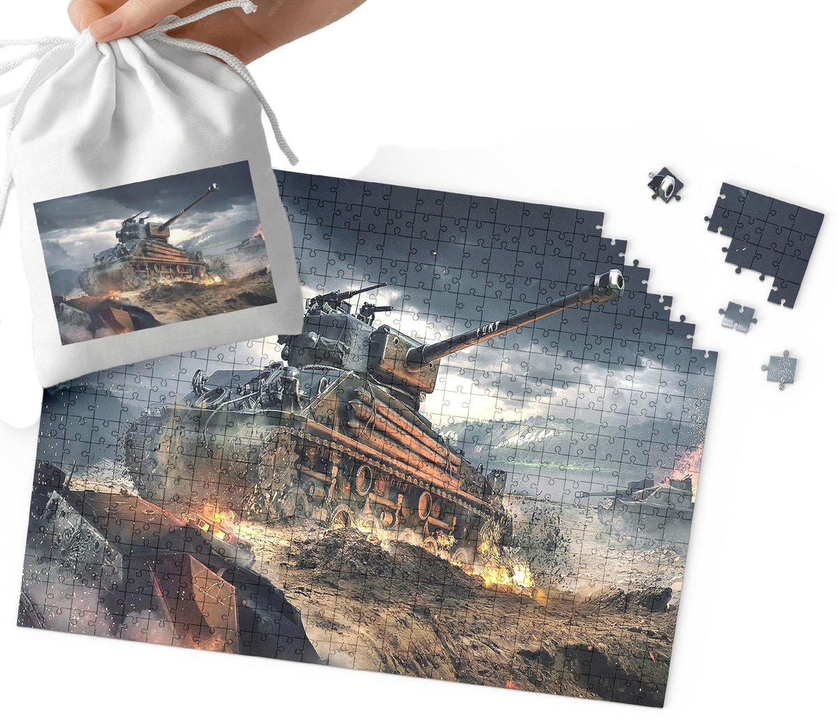 PUZZLE - WOJSKO CZOŁGI MILITARIA WZORY DLA CHŁOPCA 110EL + WORECZEK
