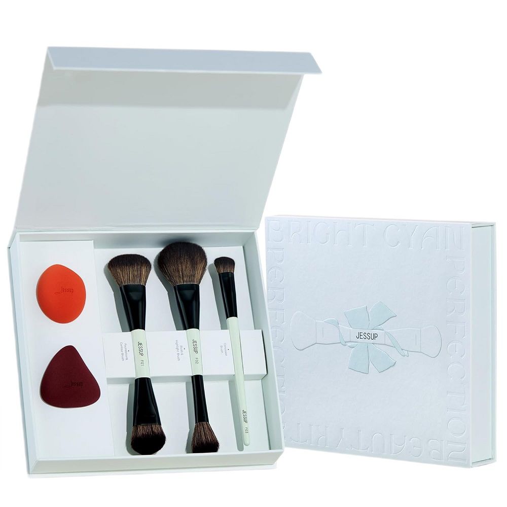 JESSUP SET Ultimate Travel Makeup Tool zestaw dwustronnych pędzli do makijażu 3szt + gąbeczki do makijażu 2szt. T510