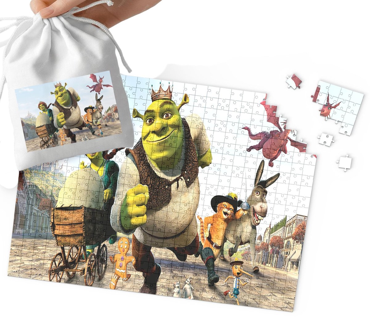 PUZZLE - SHREK OSIOŁ KOT W BUTACH WZORY Z BAJEK PREZENT 192el +WORECZEK