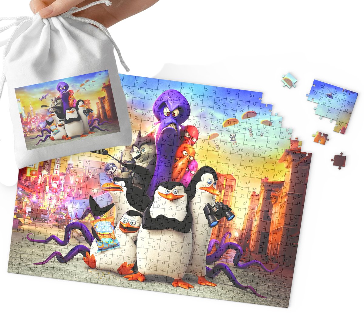PUZZLE - Pingwiny z Madagaskaru WZORY Z BAJEK PREZENT 192el + WORECZEK
