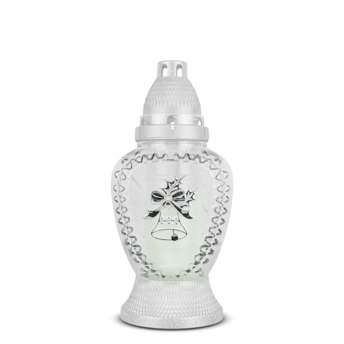 Znicz Świąteczny Dzwoneczek 25 cm Srebrny DP752 Znicz Szklany Boże Narodzenie z Aplikacją z Wkładem