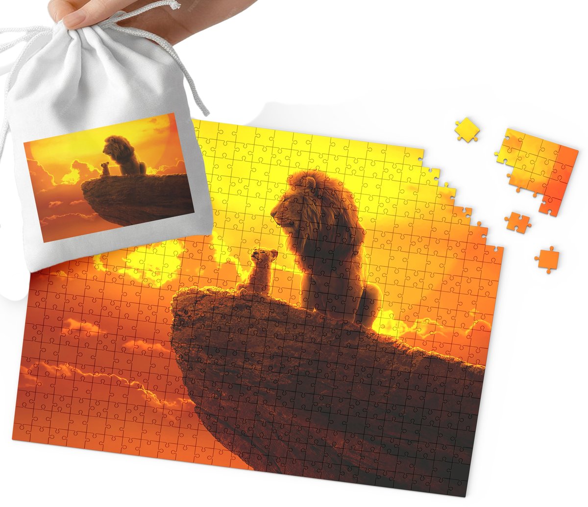 PUZZLE - KRÓL LEW SIMBA WZORY Z BAJEK PREZENT 110EL + WORECZEK