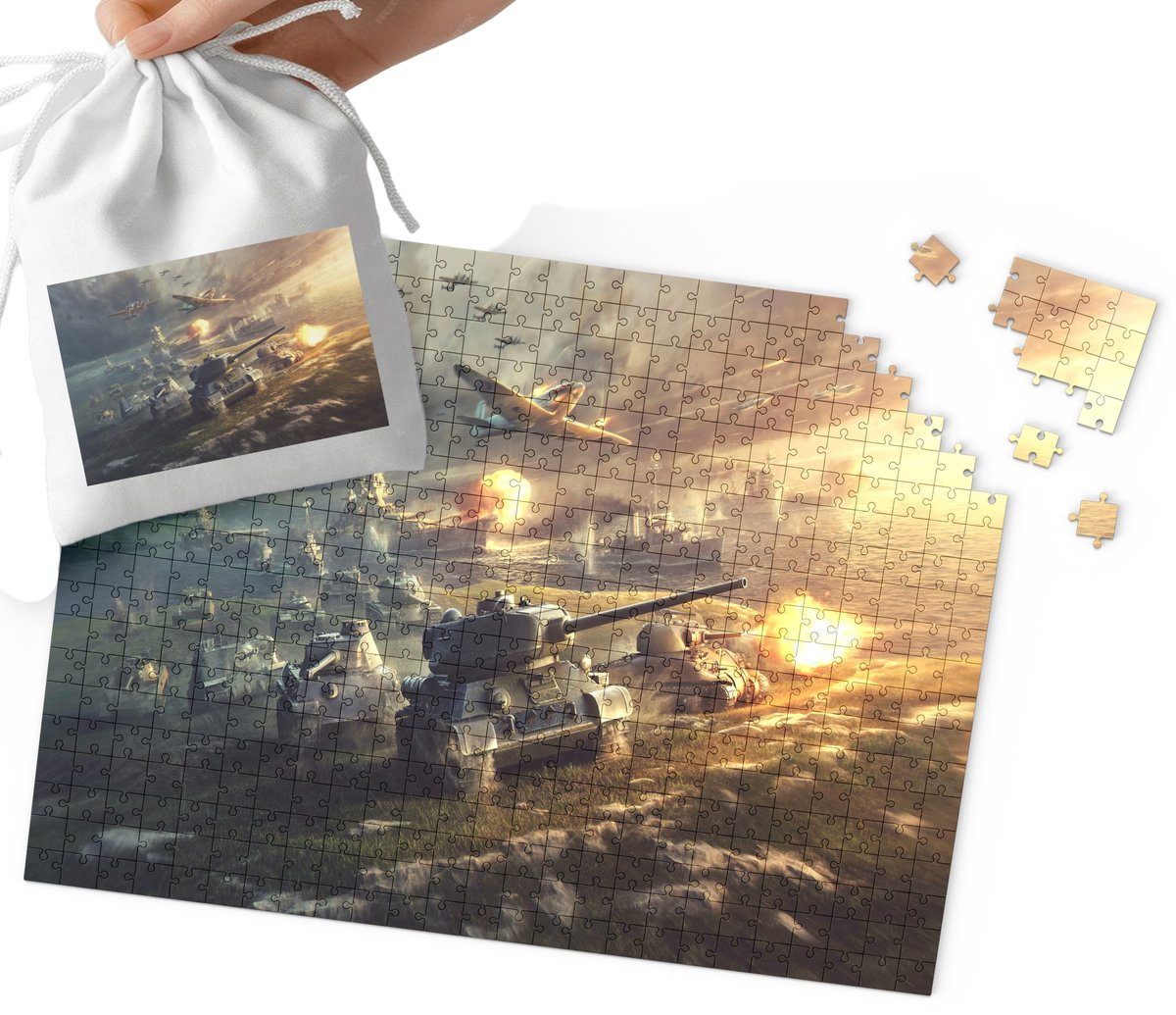 PUZZLE - WOJSKO CZOŁGI MILITARIA WZORY DLA CHŁOPCA 110EL + WORECZEK