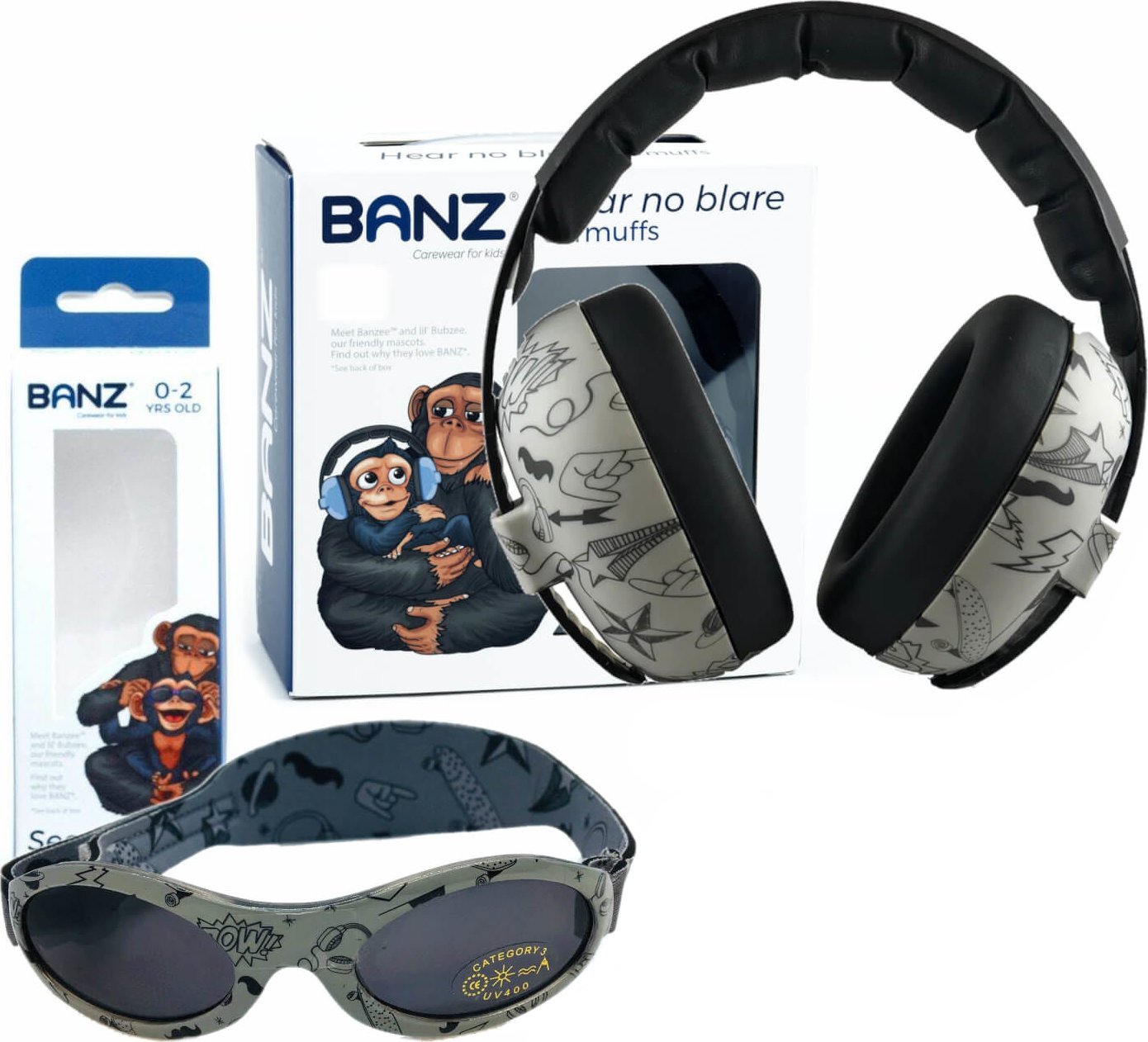 Banz Słuchawki ochronne do 3lat + okulary UV400 0-2lat Graffiti