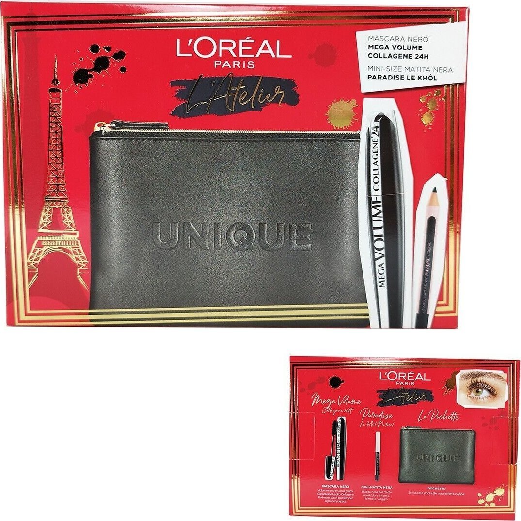 L’Oreal Paris Set L'Oreal Paris: L'Oreal Paris, Kajal Eye Pencil, Black, 1.5 g + Mega Volume Collagene 24h, Waterproof, Mascara, Mega Black, 9 ml + Makeup Bag, Black For Women