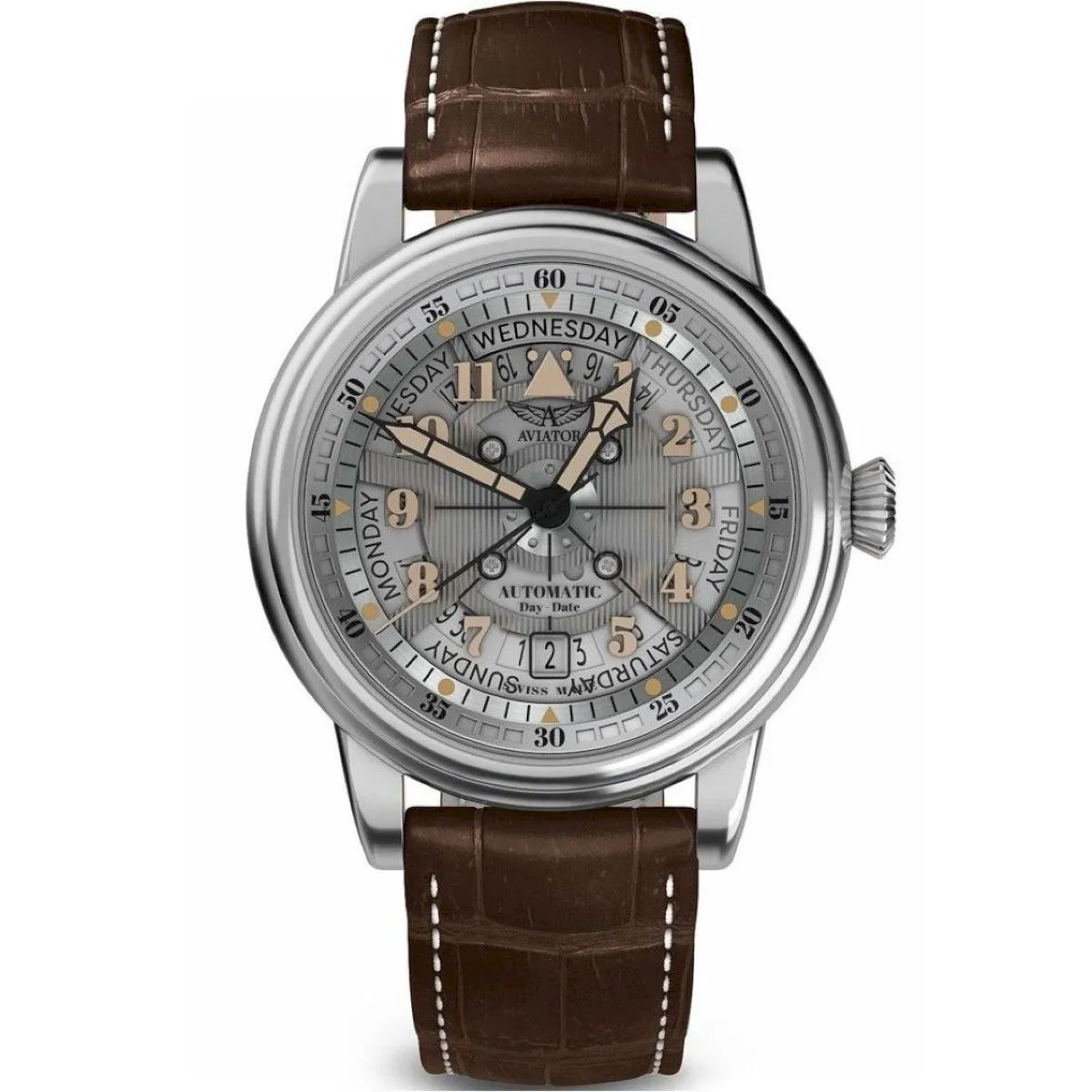 Aviator Douglas Day-Date Meca 41 V.3.36.0.286.4 Zegarek męski automatyczny na brązowym pasku