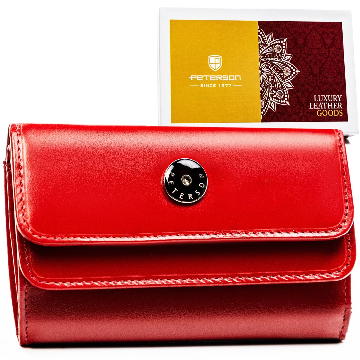 Skórzany mały portfel damski na zatrzask PETERSON portmonetka do torebki na karty i gotówkę czerwony elegancki na prezent RFID STOP