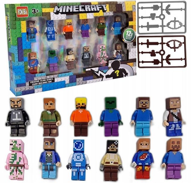 Figurki Minecraft Steve Zombi Klocki Duży Zestaw 12 Szt