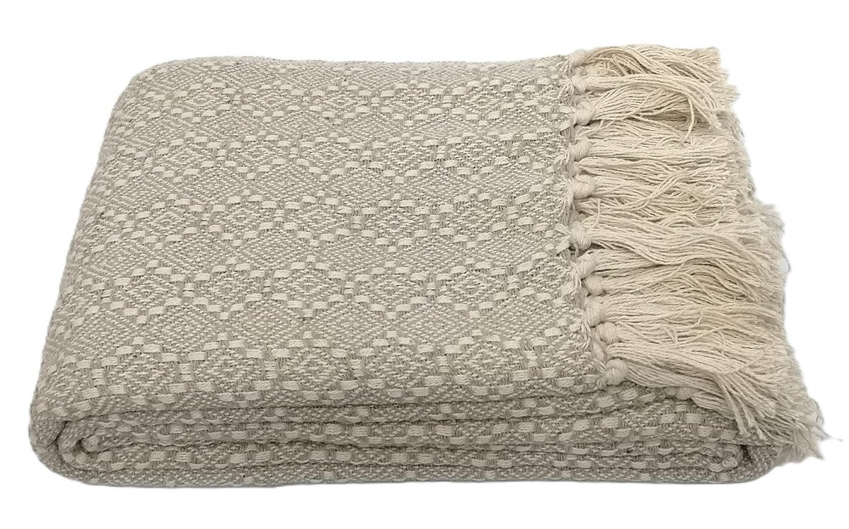 Koc bawełniany Liv 150x200 narzuta boho dwustronna handmade frędzle beżowy