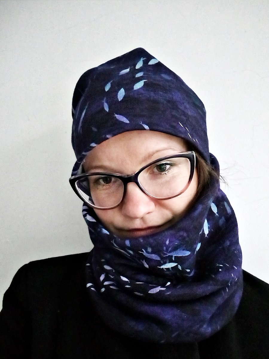 zestaw oversize CZAPKA i KOMIN XL granatowy, print OCEAN (b. ciepła bawełna)