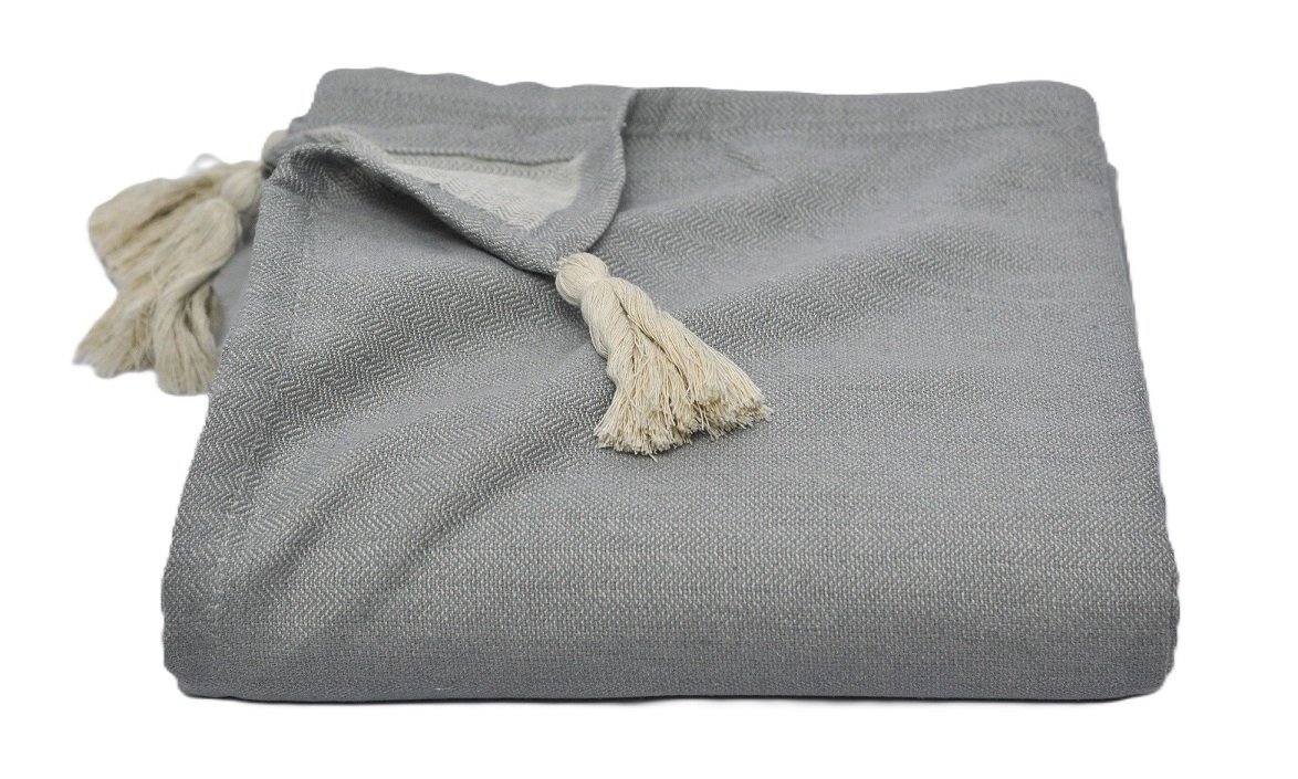 Pled narzuta bawełna Zoja 160x200 szara minimalistyczna boho chwosty ecru