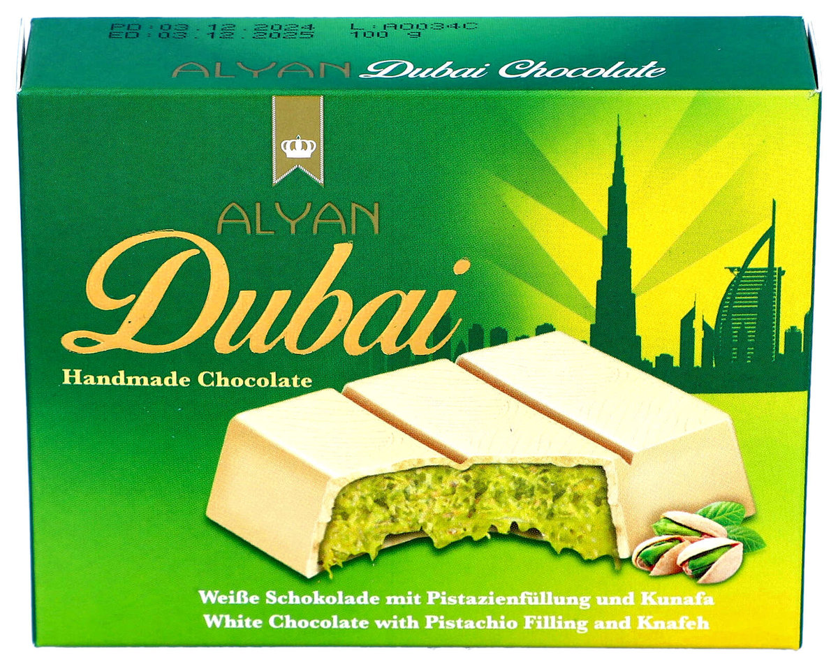Alyan, czekolada dubajska biała, pistacje i kunafa, 100g