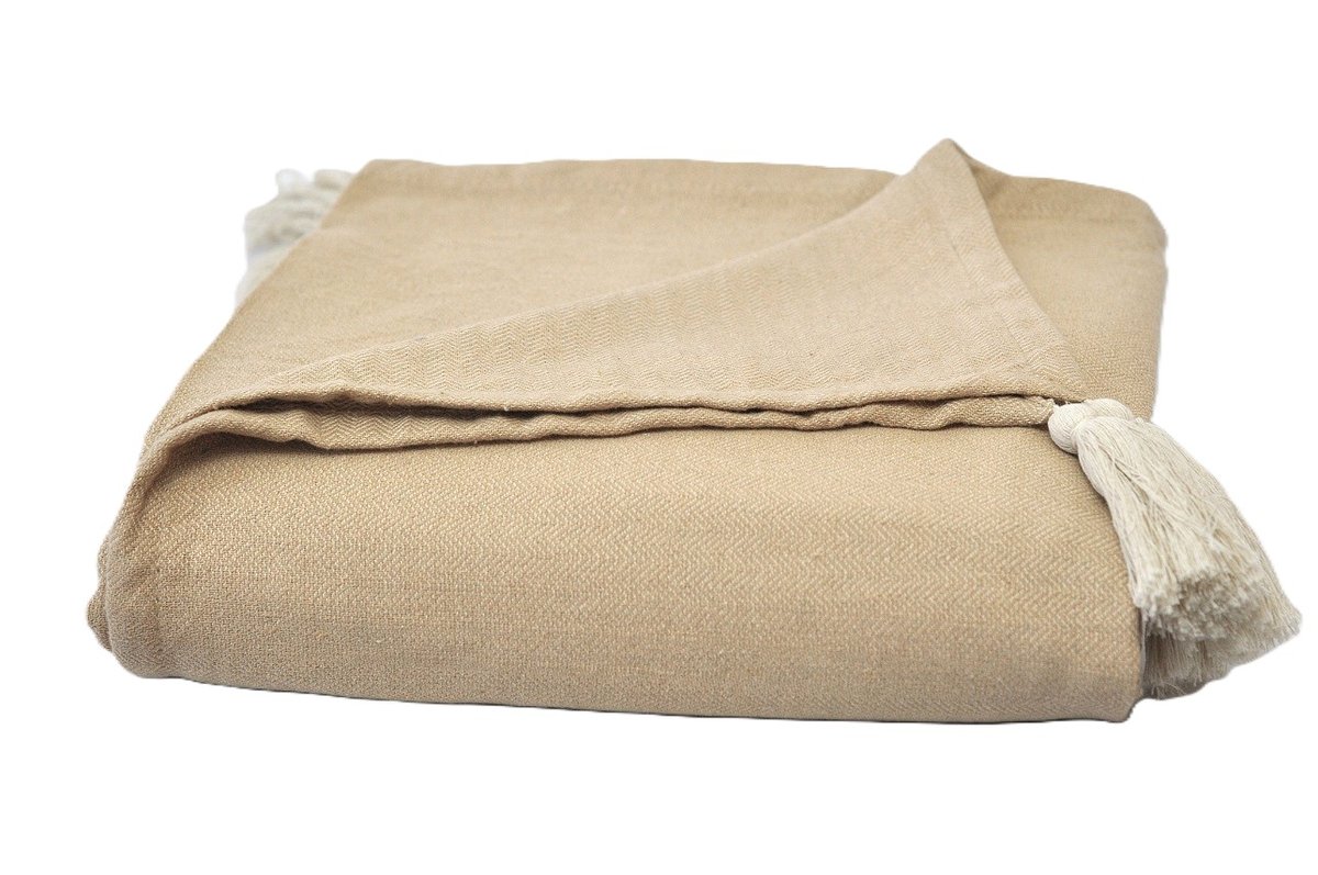 Pled koc kapa Zoja 160x200 beż minimalistyczna boho bawełna chwosty ecru