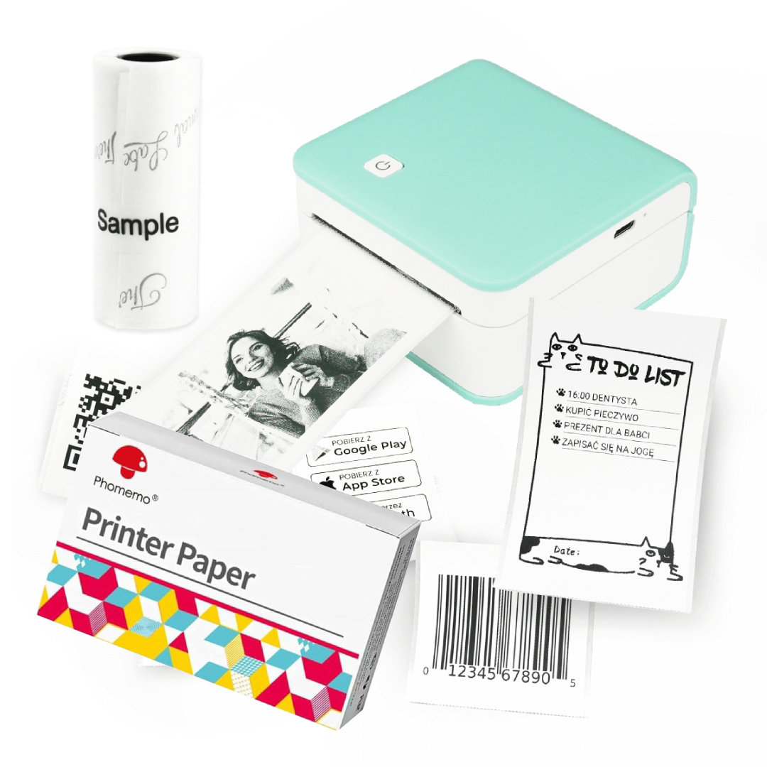 Mini drukarka etykiet Phomemo M02 Pro zielona 300dpi / do 53mm / BT / w zestawie z taśmami Q22-RMS2 KUP z zamiennikami i oszczędzaj! - ZADZWOŃ 730 811 399