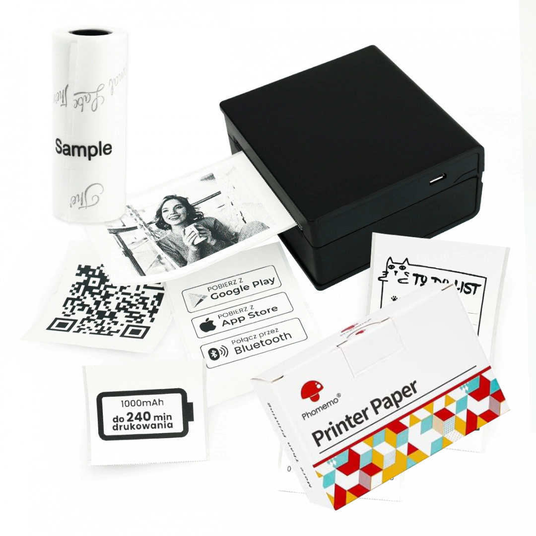 Mini drukarka etykiet Phomemo M02 czarna 203dpi / do 50mm / BT / w zestawie z taśmami Q22-RMS2 KUP z zamiennikami i oszczędzaj! - ZADZWOŃ 730 811 399