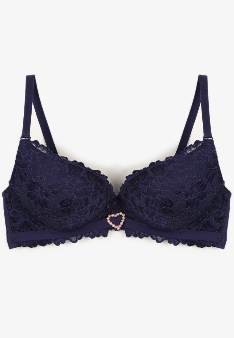 Granatowy Biustonosz Ozdobiony Koronką i Cyrkoniowym Sercem Fannel