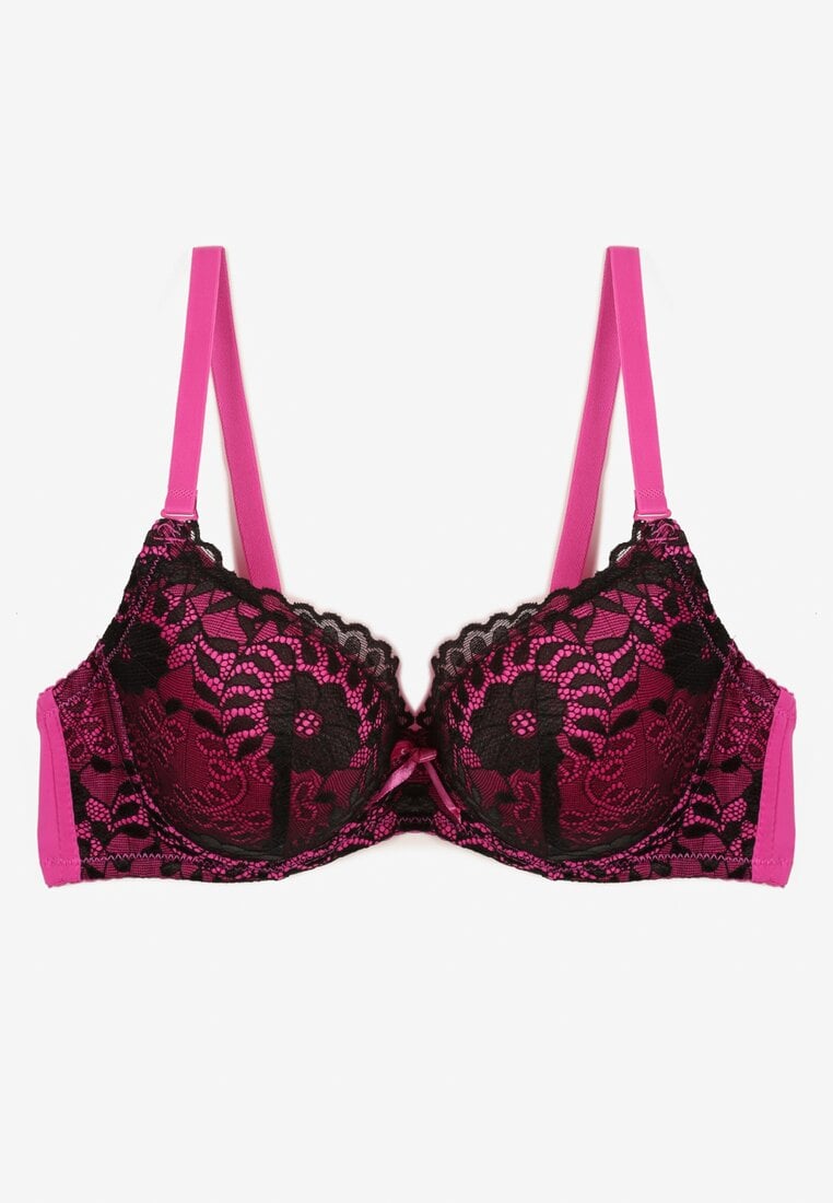 Czarno-Fuksjowy Biustonosz z Motywem Kwiatowej Koronki Nelenor