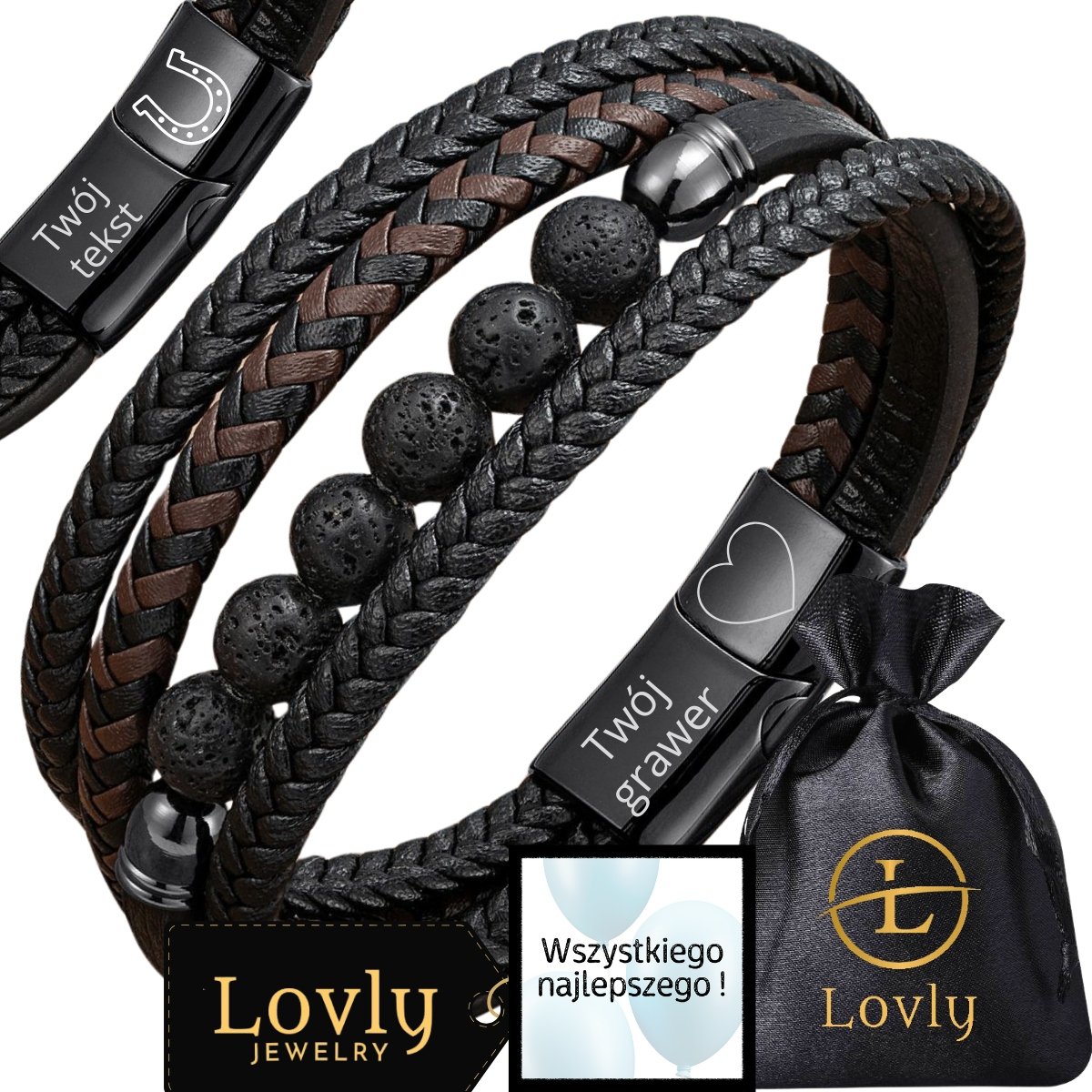 SKÓRZANA BRANSOLETKA MĘSKA STAL NIERDZEWNA LAWA CZARNA PREMIUM Z GRAWEREM