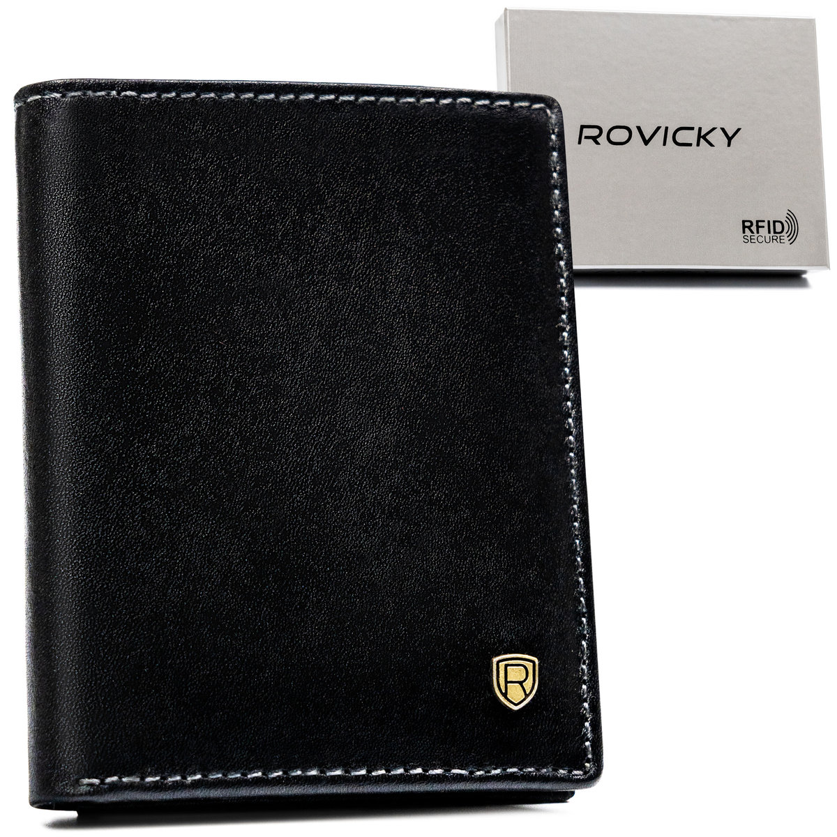 Eleganckie męskie etui na karty ze skóry naturalnej czarne bez zapięcia kieszeń na banknoty ochrona RFID pudełko prezentowe ROVICKY