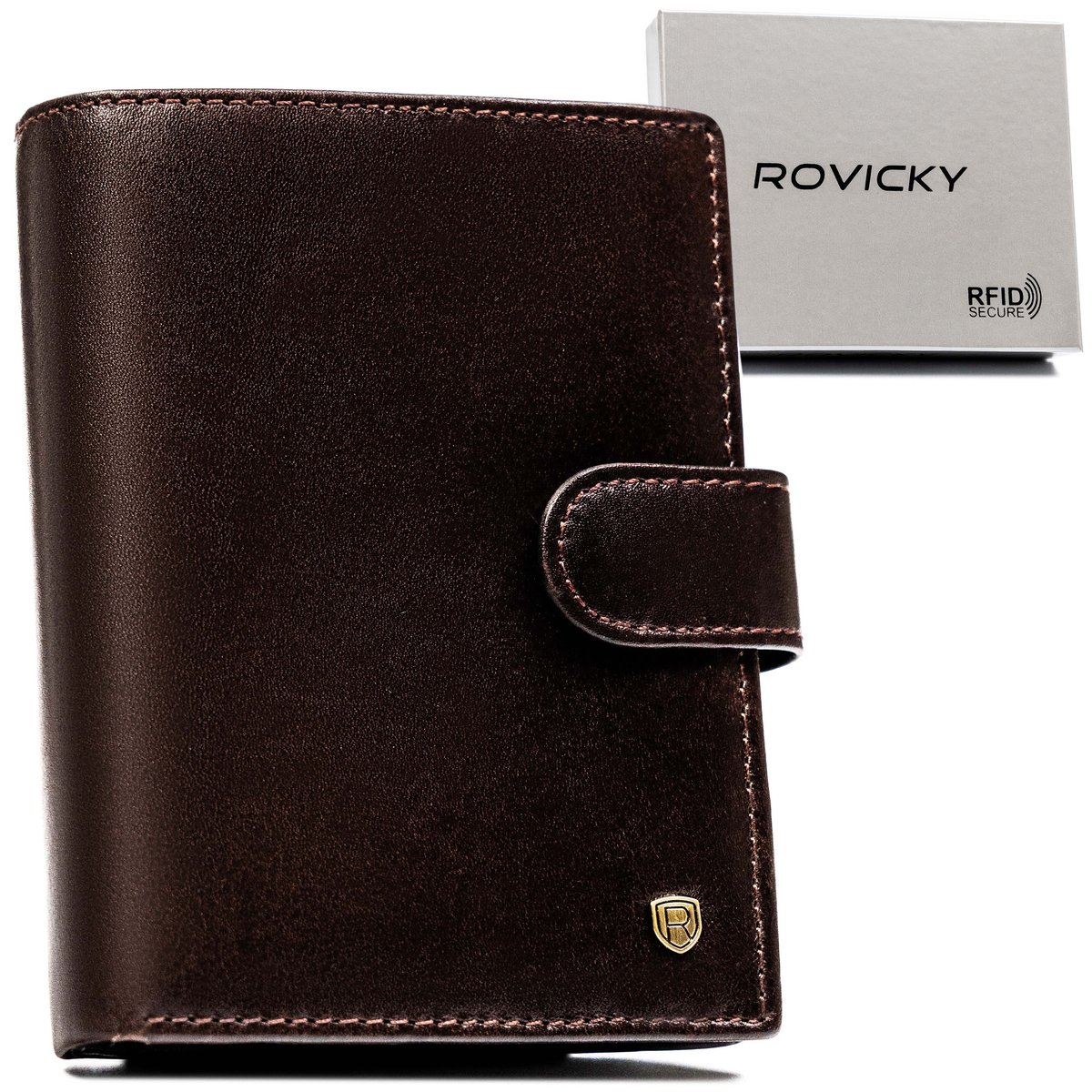 Duży skórzany portfel męski pionowy na zatrzask ROVICKY elegancki brązowy na prezent karty gotówka dokumenty rozbudowany ochrona RFID