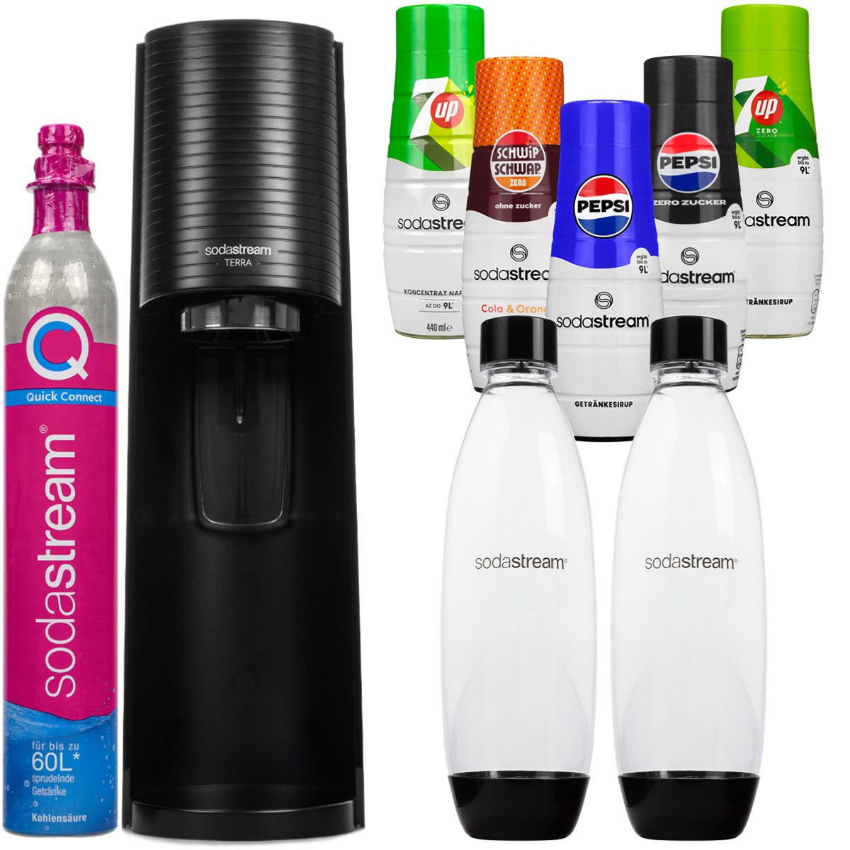Saturator do wody SODASTREAM Terra - czarny saturator gazujący butelki CO2 syropy Pepsi 7Up bez cukru zero w zestawie