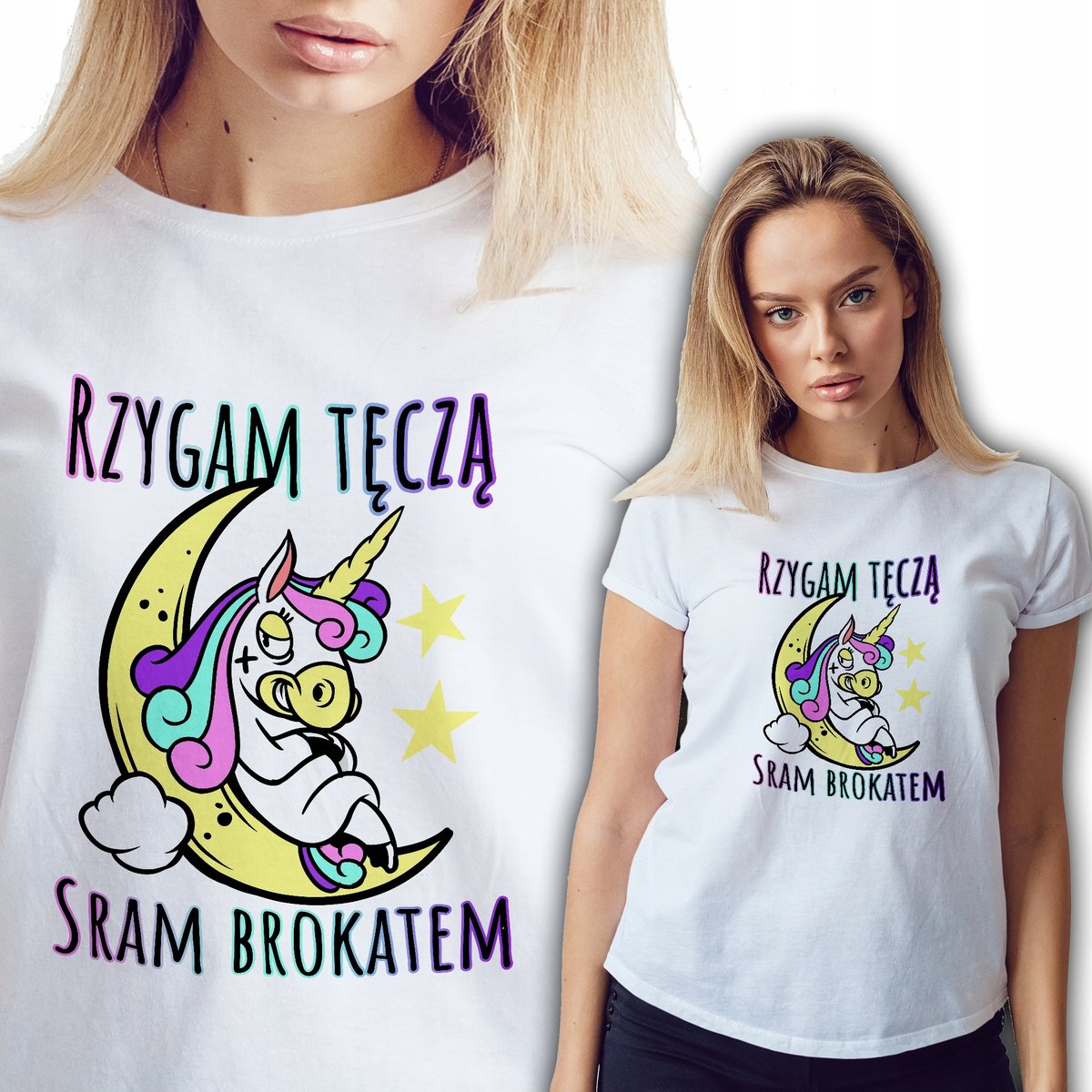 Koszulka Damska Biała Unicorn RZYGAM TĘCZĄ Wz - L