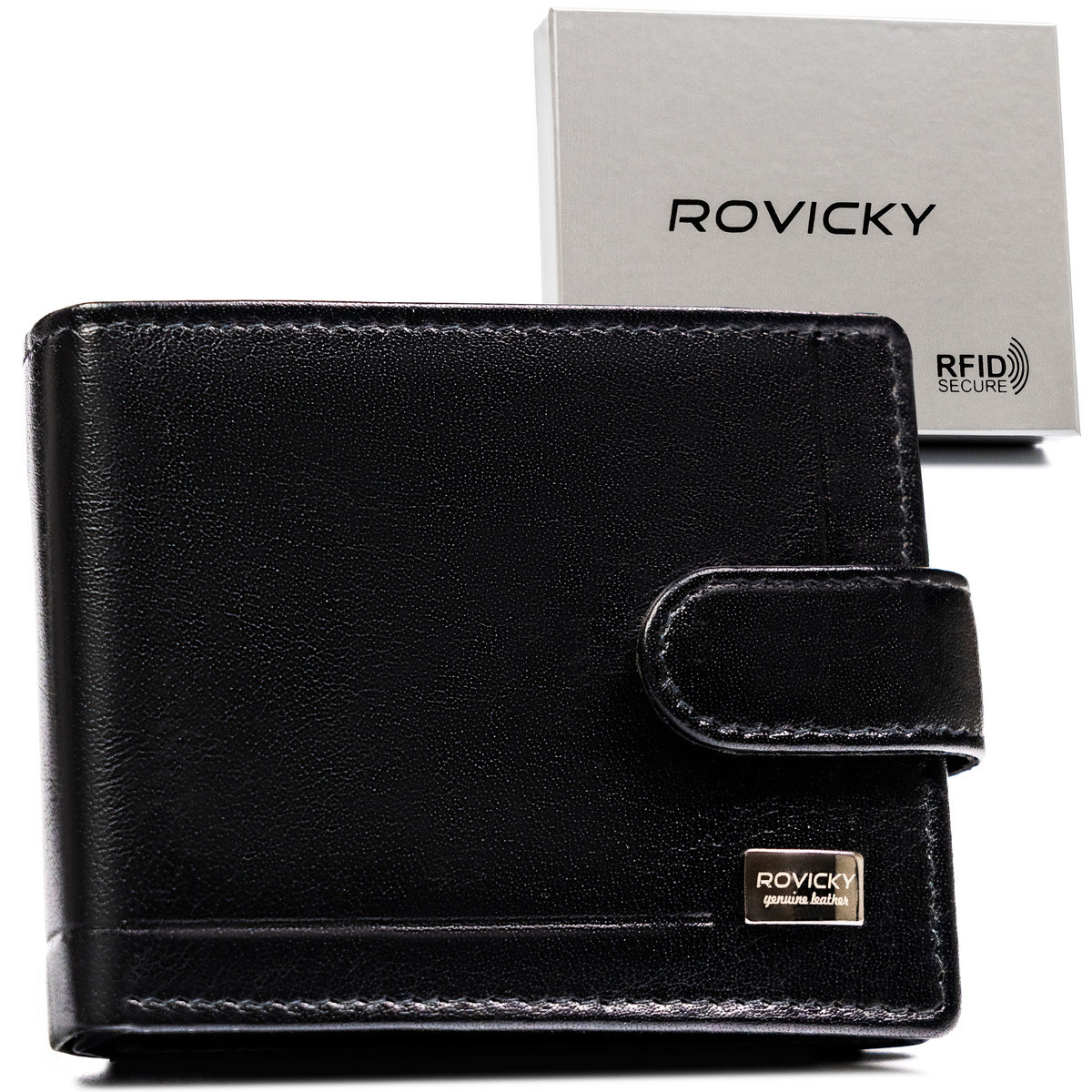 Elegancki czarny portfel męski na zatrzask ROVICKY skóra naturalna mały czarny na karty na prezent ochrona RFID