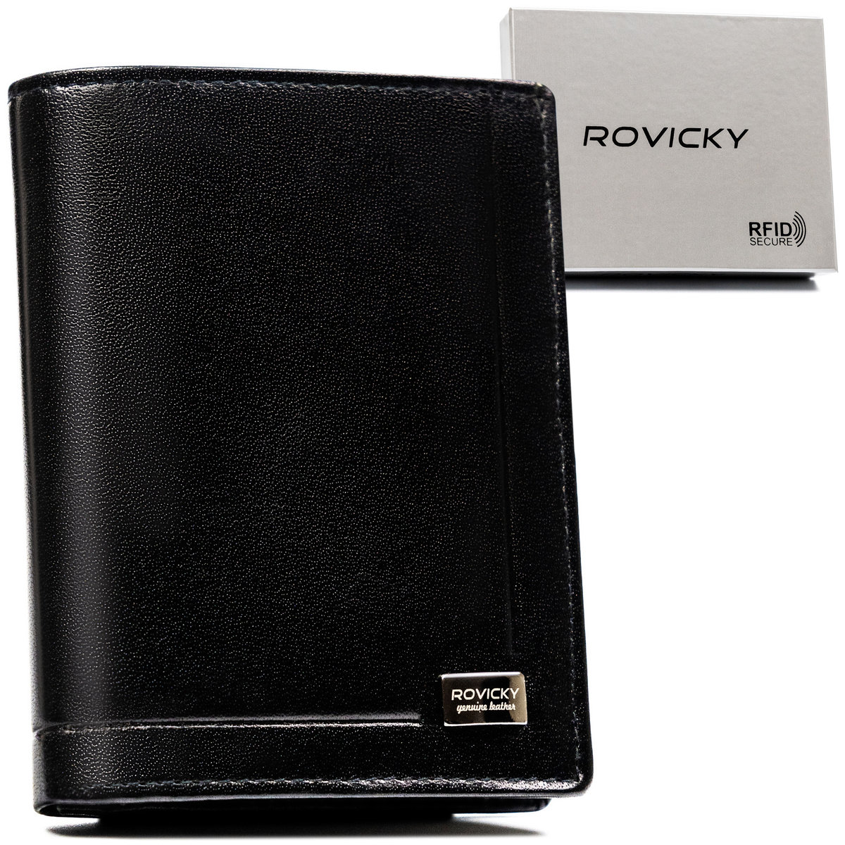 ROVICKY Męski portfel bez zapięcia pionowy duży ze skóry naturalnej czarny elegancki na prezent rozbudowany na karty antykradzieżowy ochrona RFID