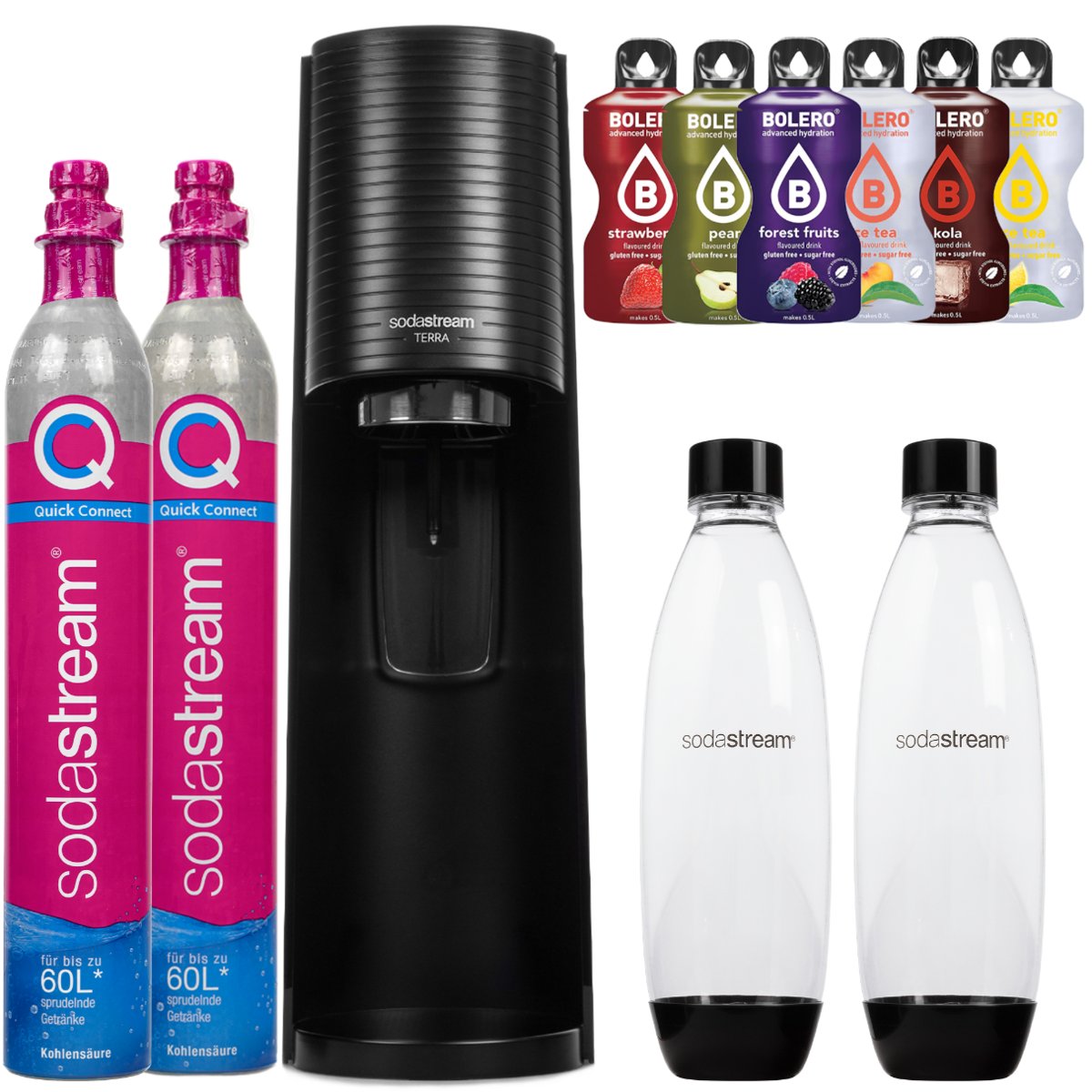 saturator wody SODASTREAM Terra - czarny ekspres do gazowania wody 2 butelki 2 cylindry 6 smaków bez cukru