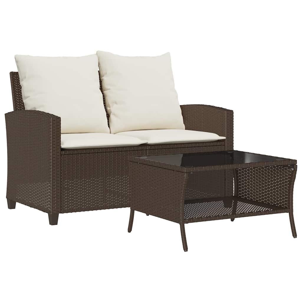 vidaXL Sofa ogrodowa 2-osobowa z poduszkami i stołem Brązowy