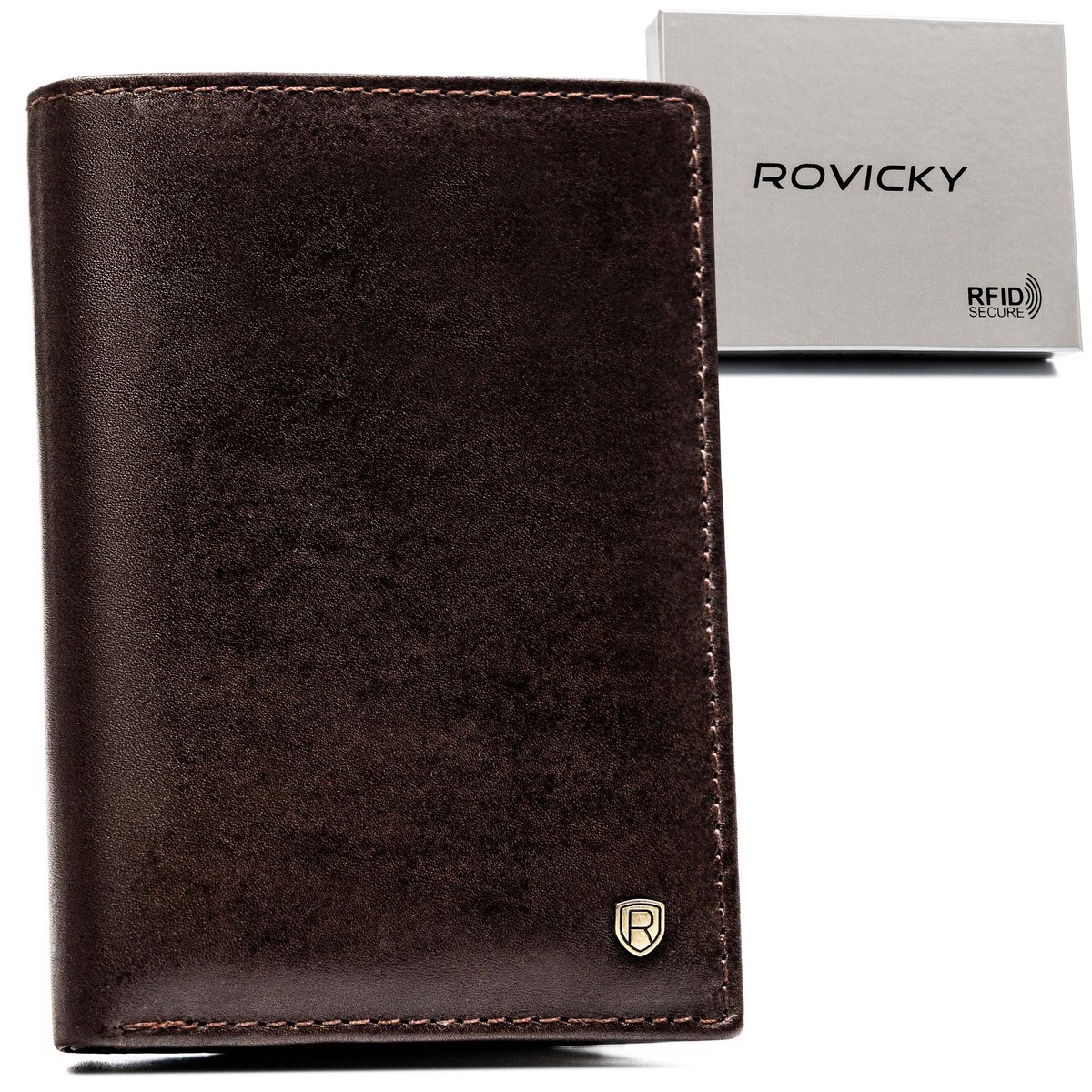 Duży brązowy portfel męski z wysuwanym etui na karty dokumenty ROVICKY skóra naturalna rozbudowany pionowy bez zapięcia elegancki na prezent RFID