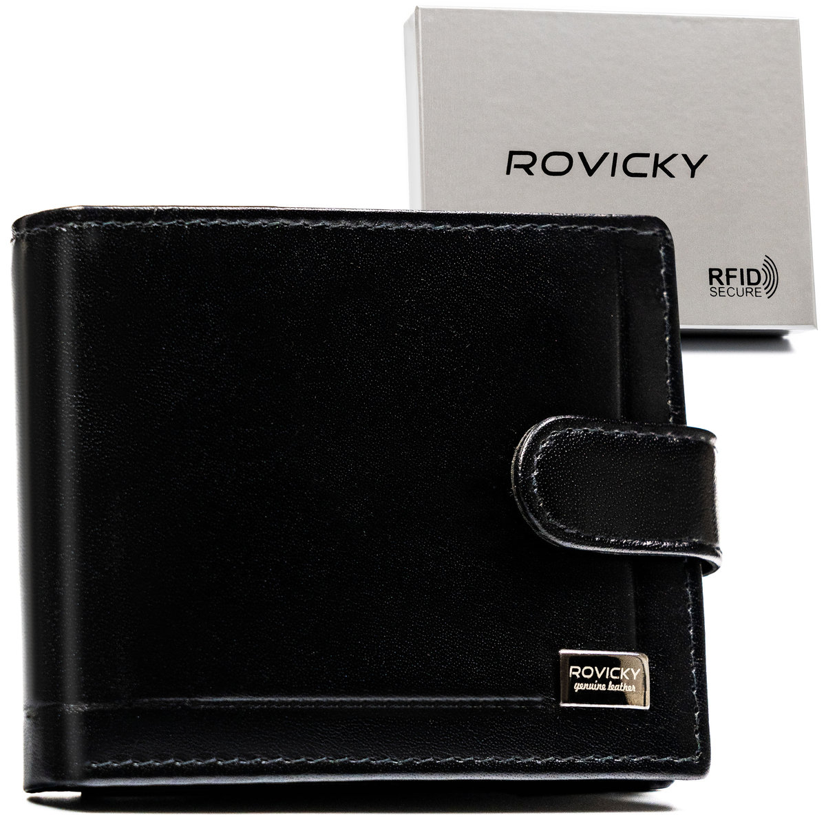 Mały klasyczny portfel męski ze skóry naturalnej czarny na zatrzask elegancki prezent na karty ochrona RFID ROVICKY