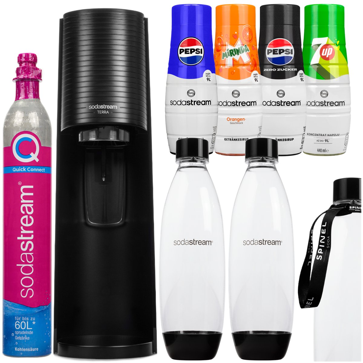 Saturator SODASTREAM Terra - czarny gazowanie wody bez butli BPA zestaw z syropami Pepsi 7Up Mirinda akcesoria