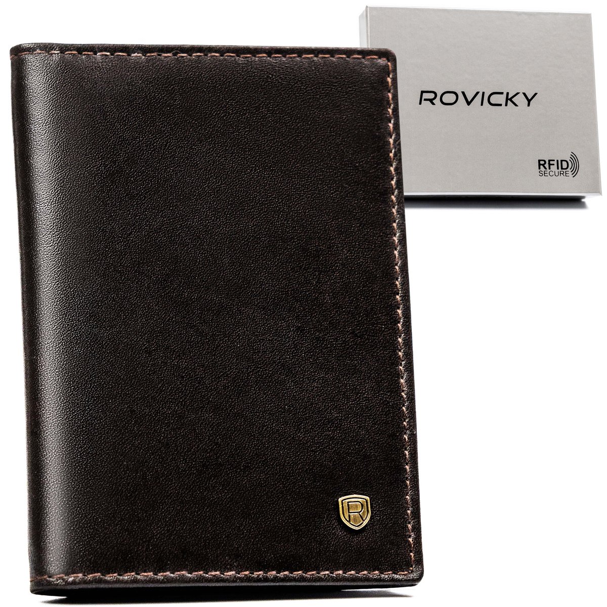 Męskie etui na karty i dokumenty ze skóry naturalnej ROVICKY eleganckie brązowe na prezent pionowe bez zapięcia antykradzieżowe ochrona RFID STOP