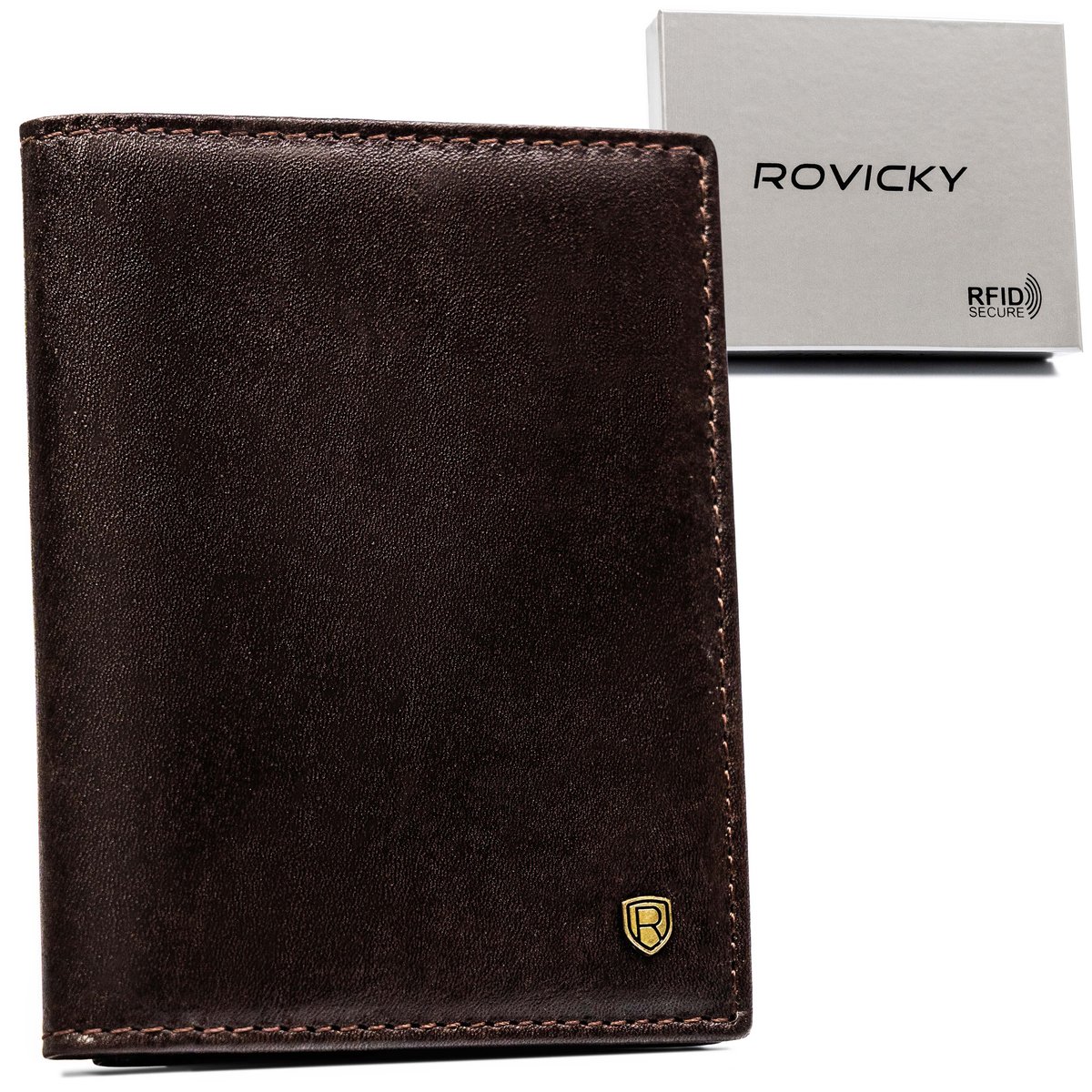 ROVICKY Skórzany portfel męski pionowy bez zapięcia duży brązowy karty gotówka cienki elegancki na prezent antykradzieżowy ochrona RFID