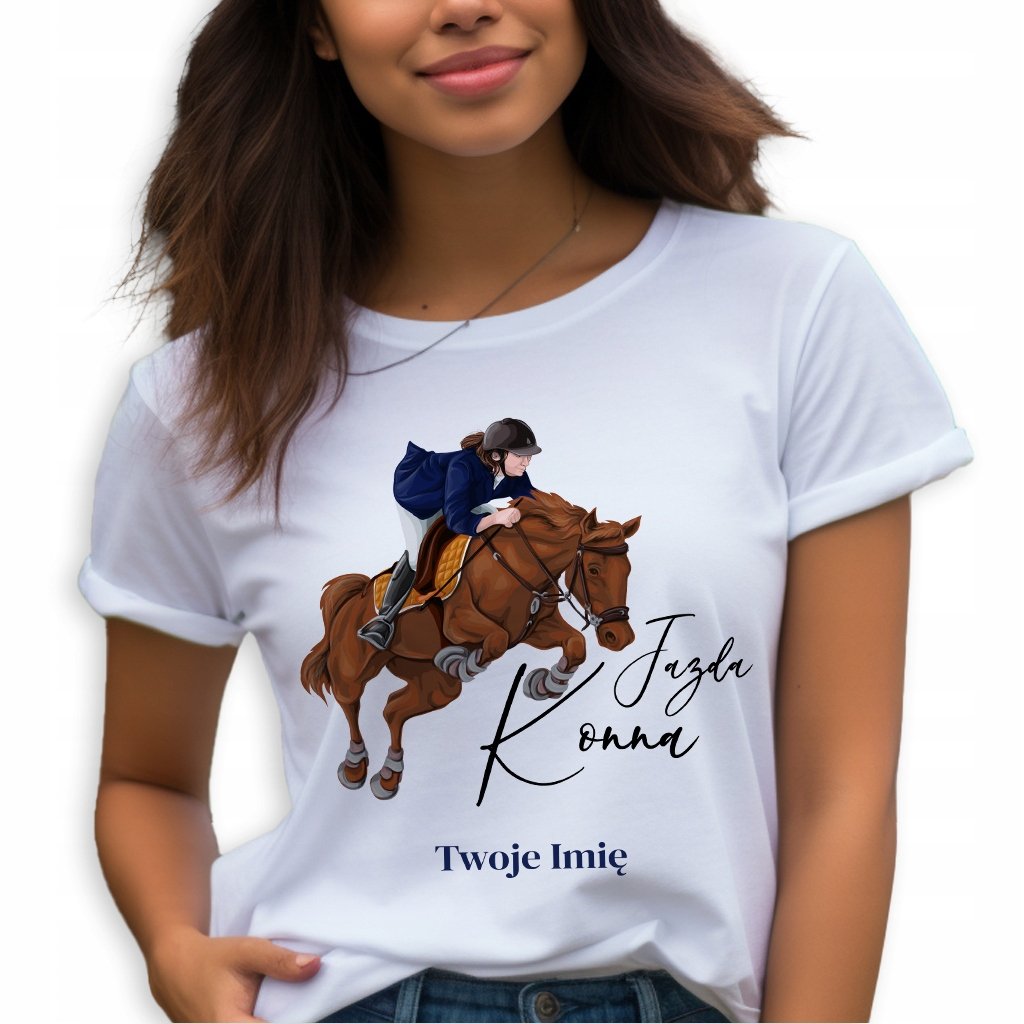 KOSZULKA DAMSKA T-Shirt Biały Prezent Dla Koniary JAZDA KONNA Imię Wzory M